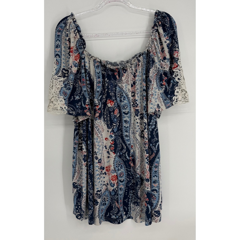 Stem & Vine Womens Paisley Floral Off Shoulder Boho Top Crochet Lace Blue Sz 2X